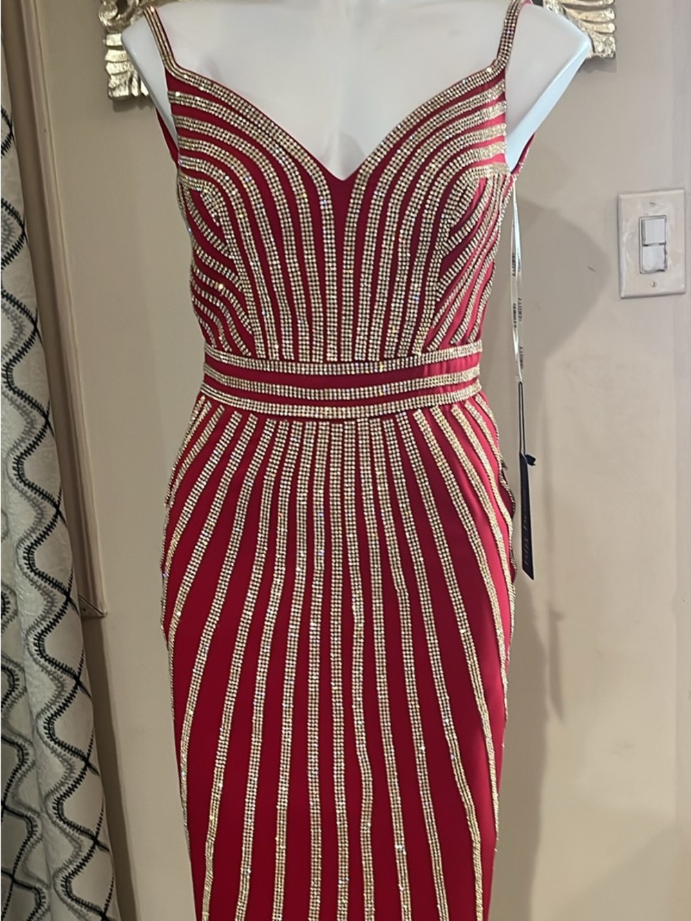 Red Strappy Rhinestone-Embellished Evening Dress